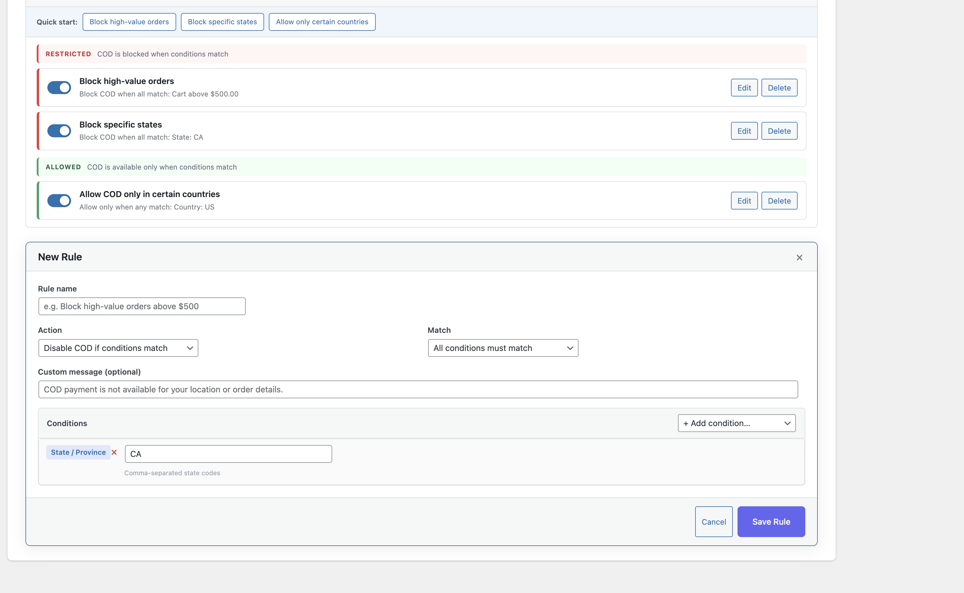 Rule editor — conditions with AND/OR logic and preset templates