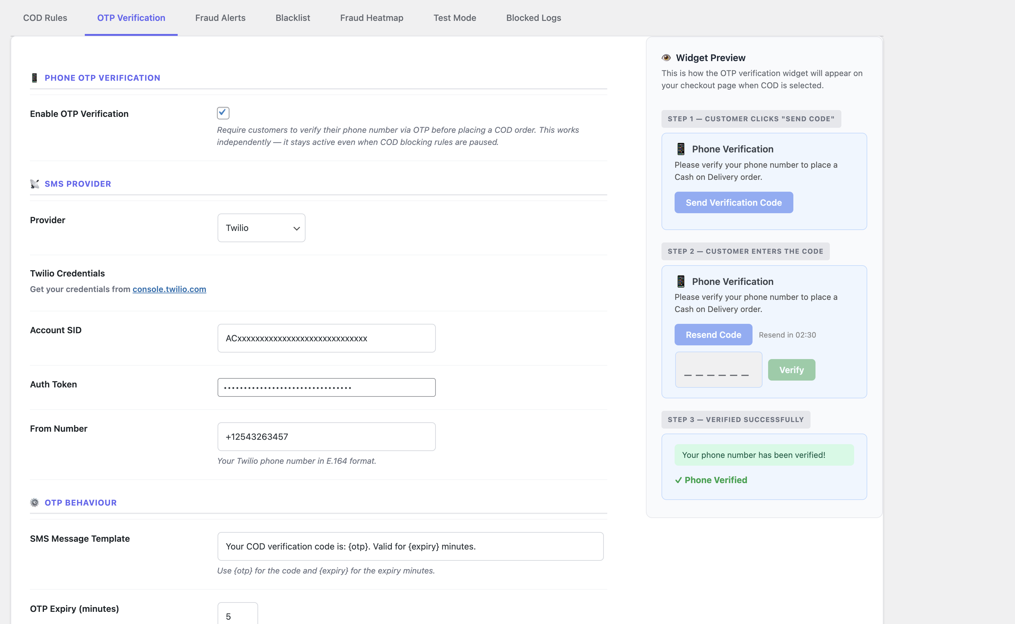 General Settings — blocked message and COD handling fee