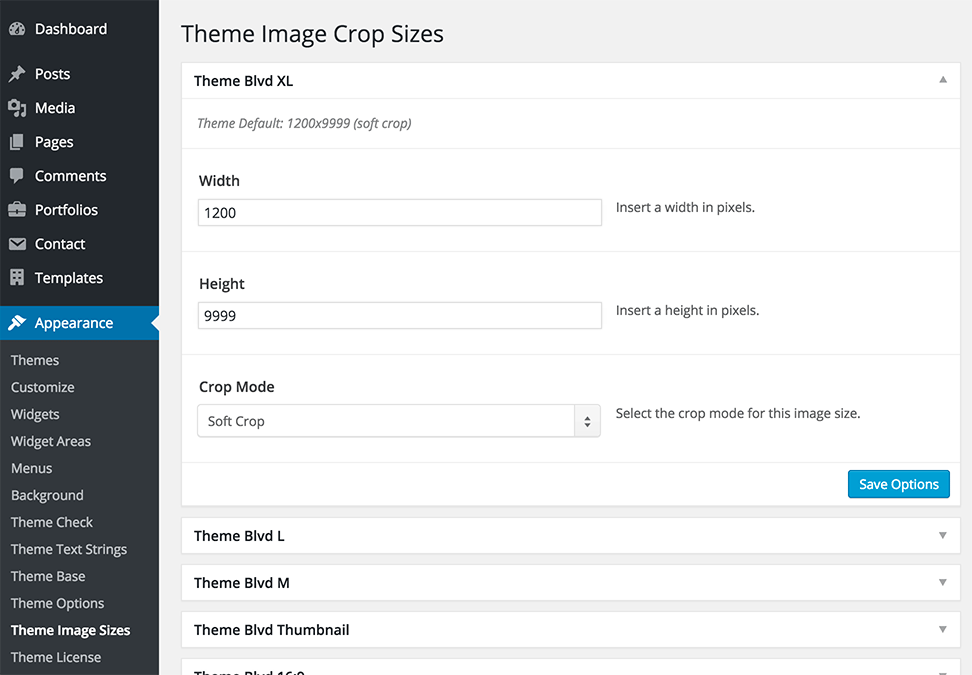 Admin interface for plugin under *Appearance > Theme Image Sizes*.
