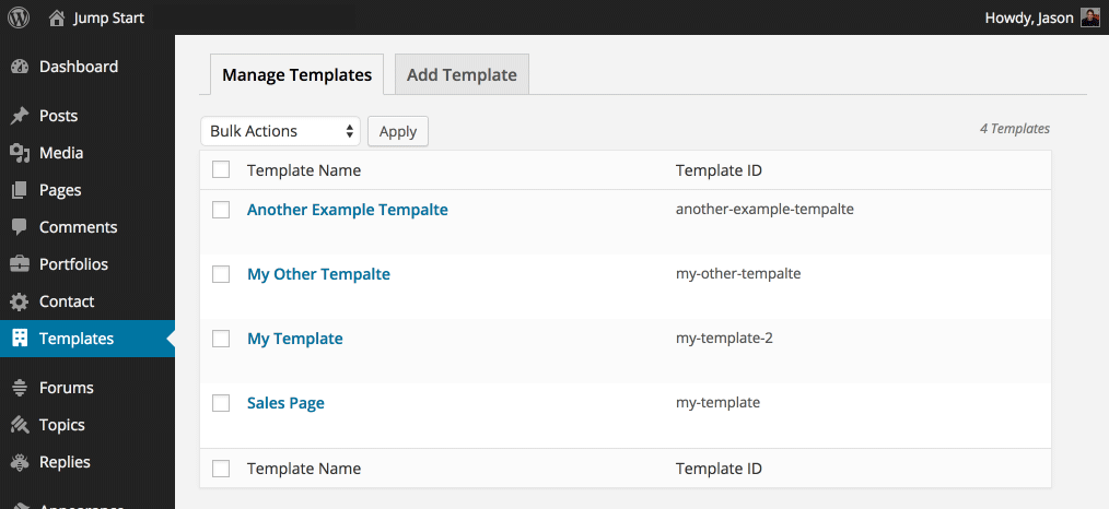 Manage templates page.