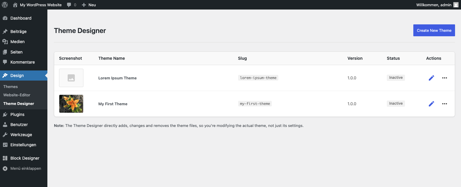 Theme Designer main interface showing theme list