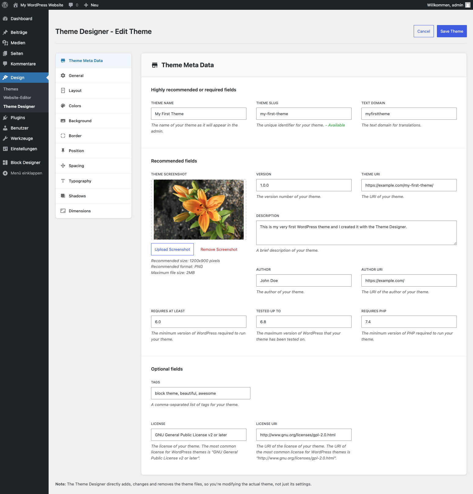 Theme creation form with metadata fields