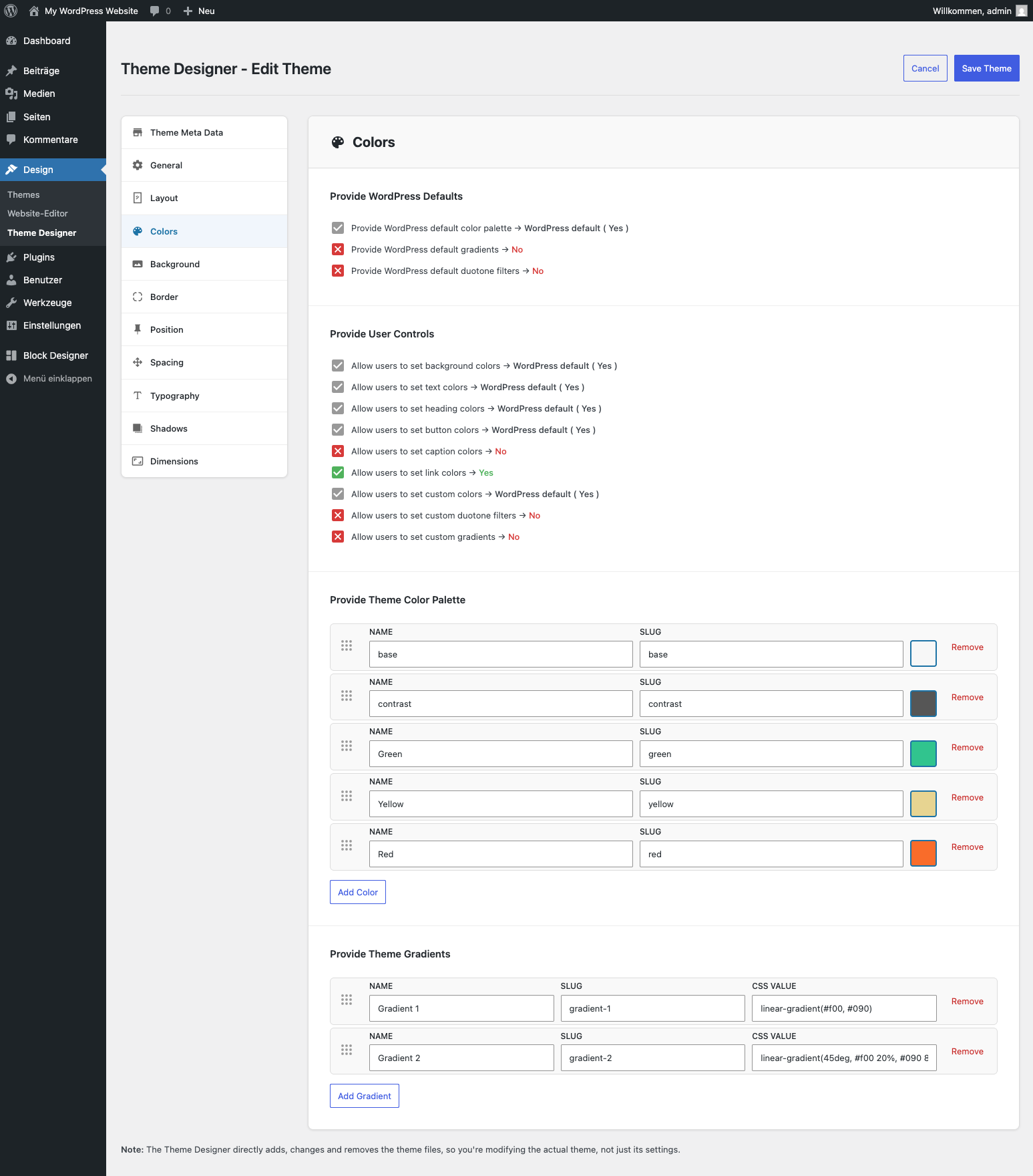 Settings configuration panel with color palette editor
