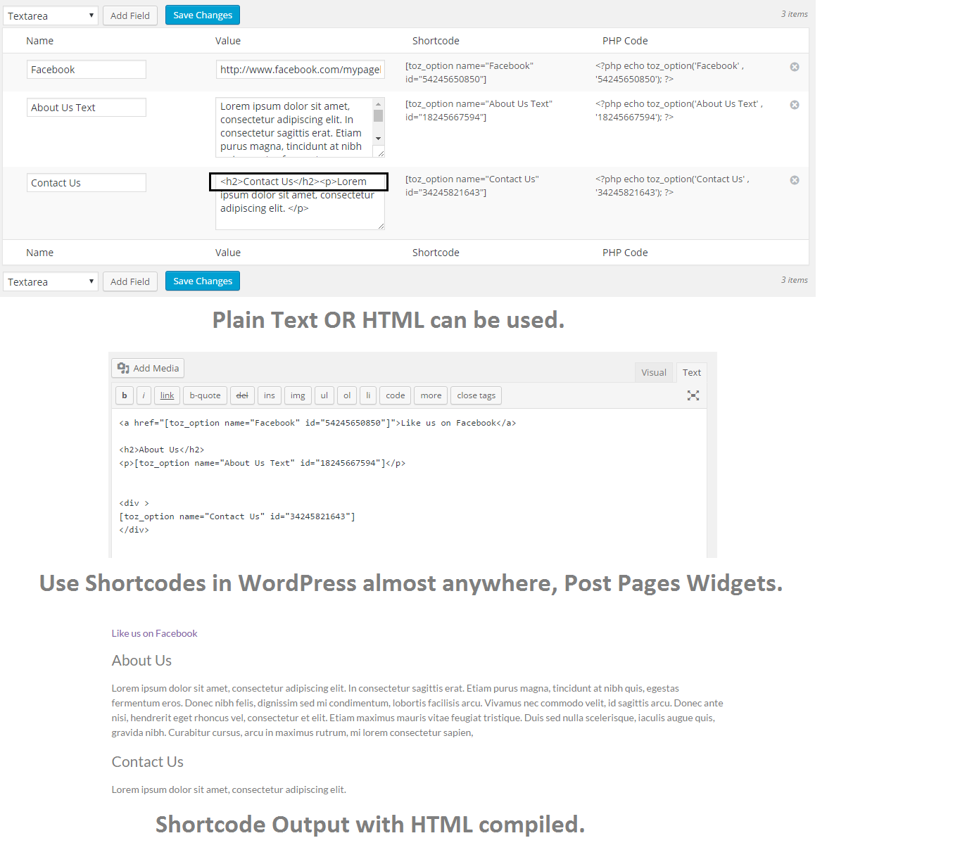 Usage of options in WordPress environment, look close it supports HTML too.