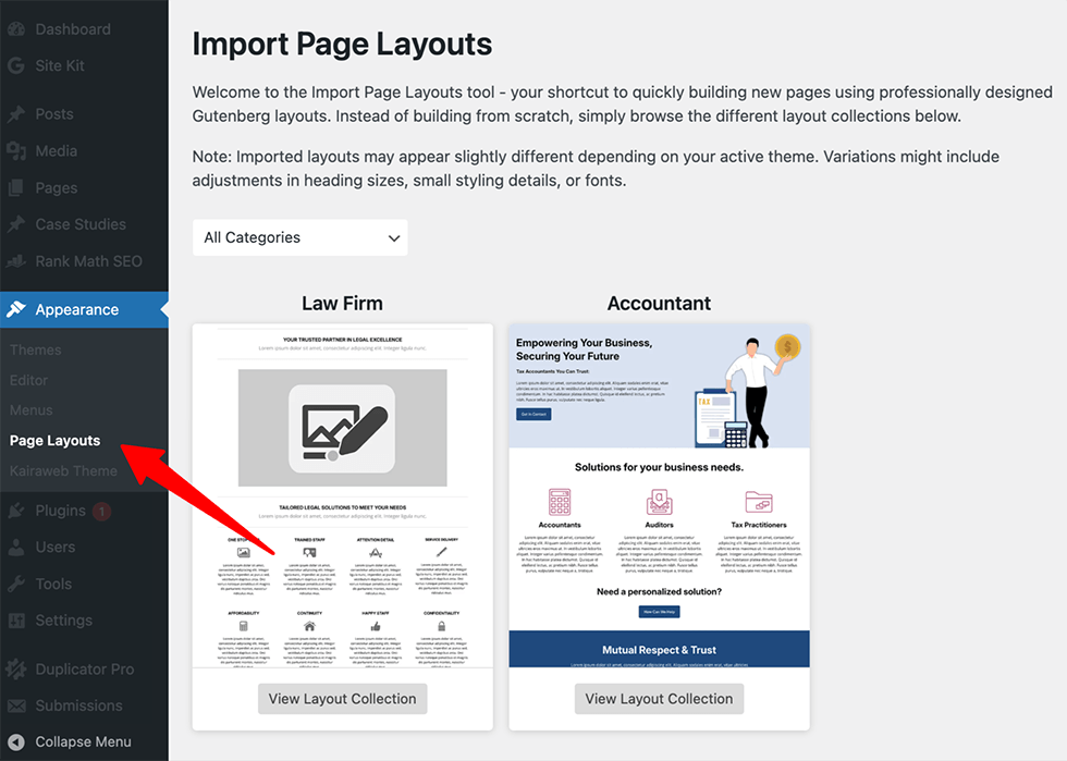 **Import Page Layouts** - Import pre-built pages to use as a starting point (more coming soon)