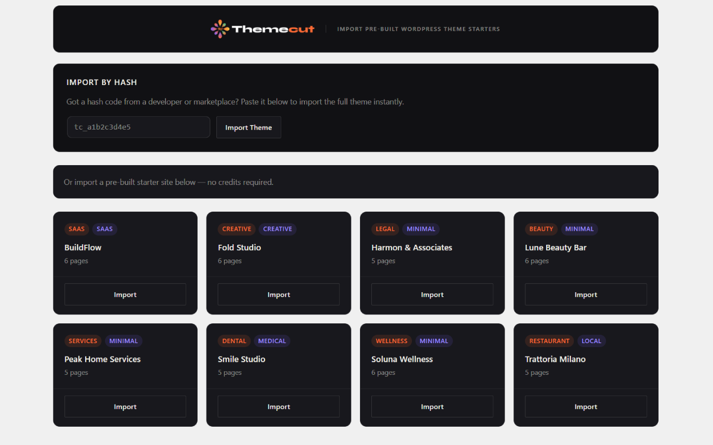 The Starters gallery — import any of 8 free niche starter sites in one click, no account needed.