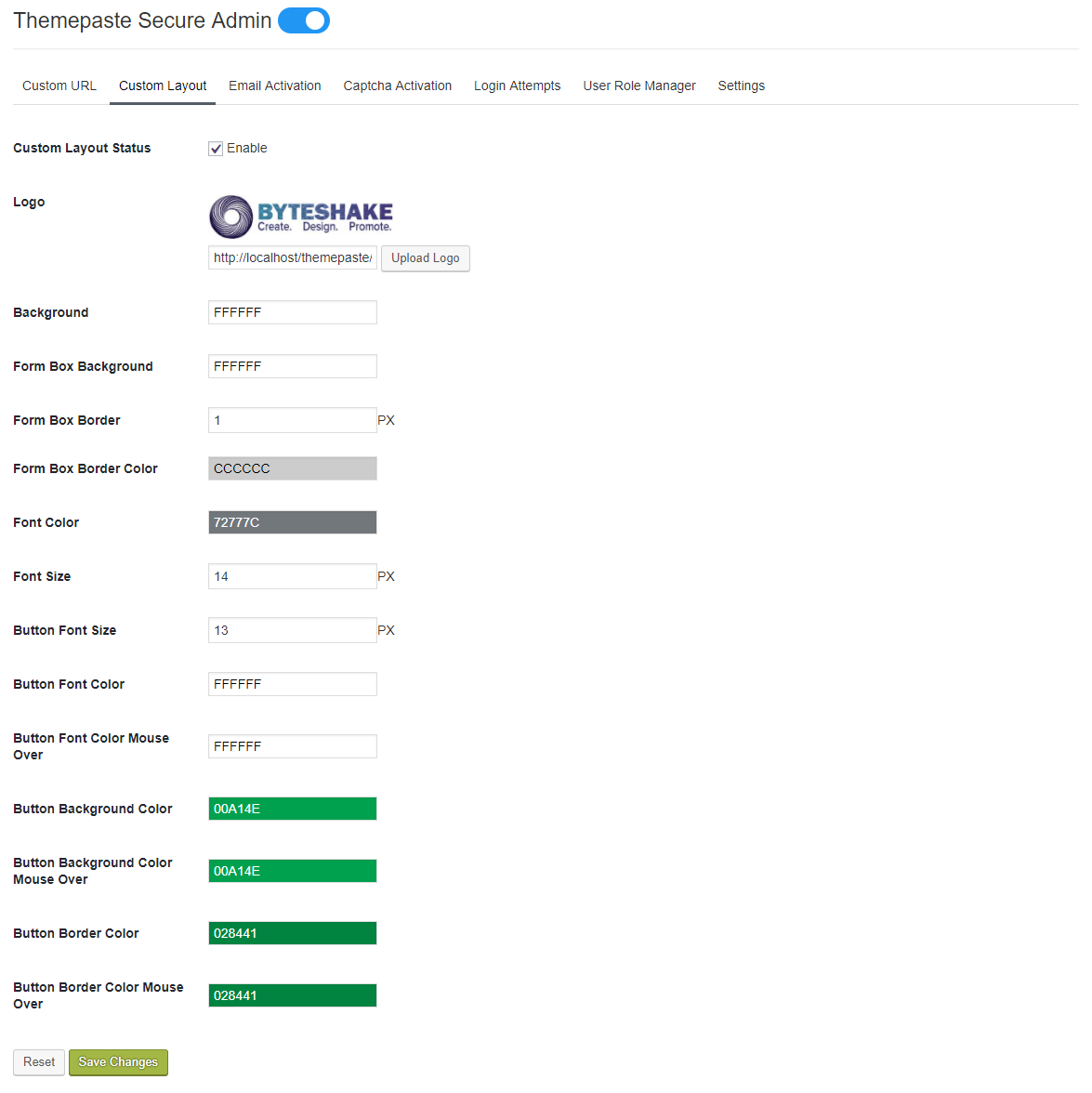 Custom layout configuration page in Themepaste Secure Admin->Custom Layout tab.