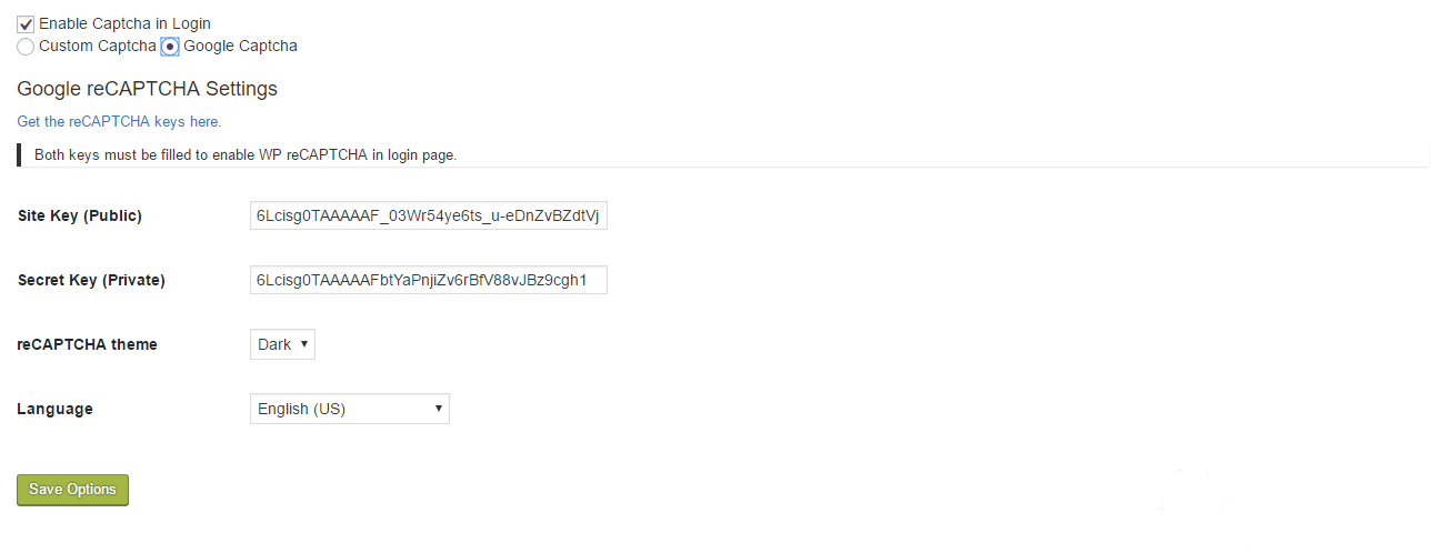 Captcha activation configuration page in Themepaste Secure Admin->Captcha Activation tab.