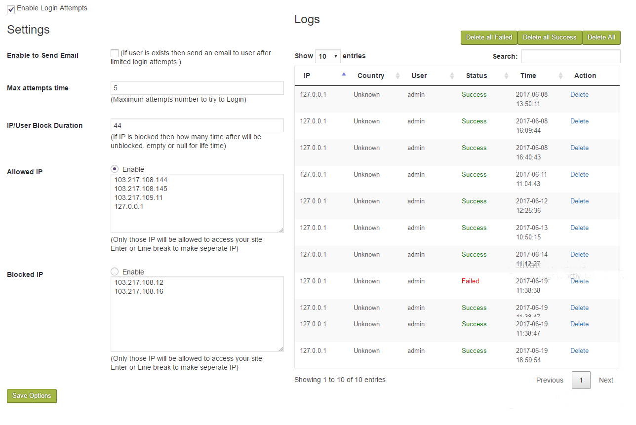 Login attempts configuration page in Themepaste Secure Admin->Login Attempts tab.