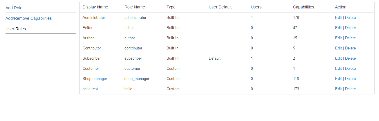 User role manager configuration page in Themepaste Secure Admin->User Role Manager tab.