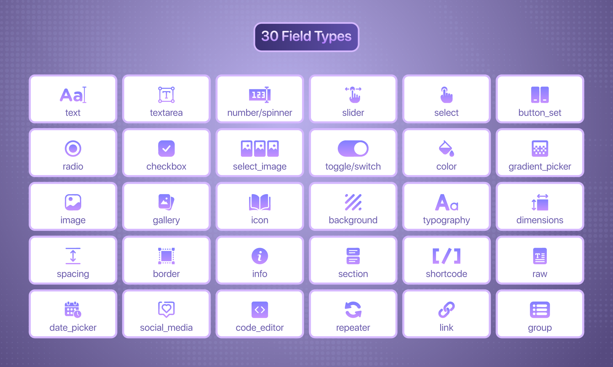 All 30 field types — complete field type overview