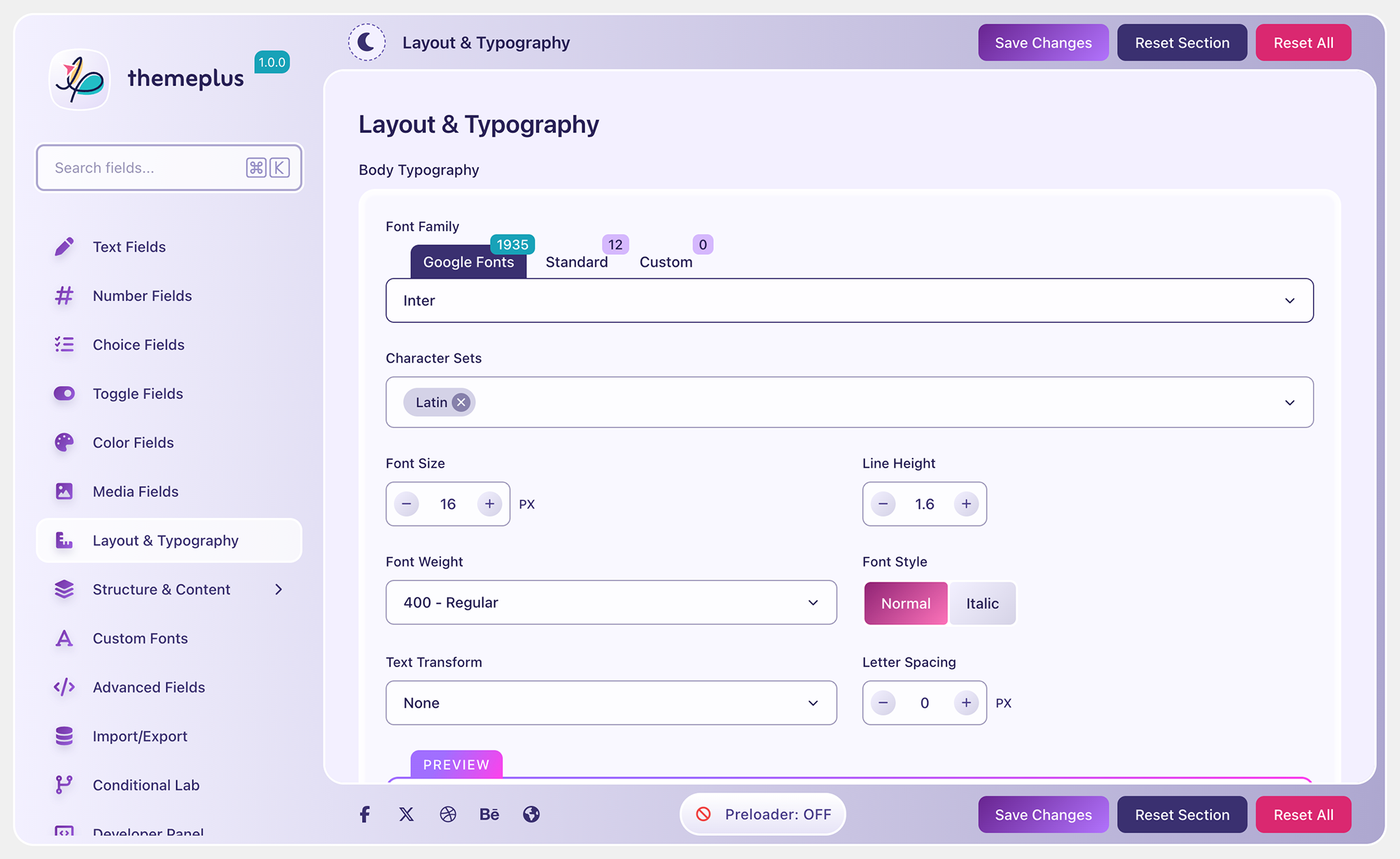 Typography field — Google Fonts browser with live preview and subset selection