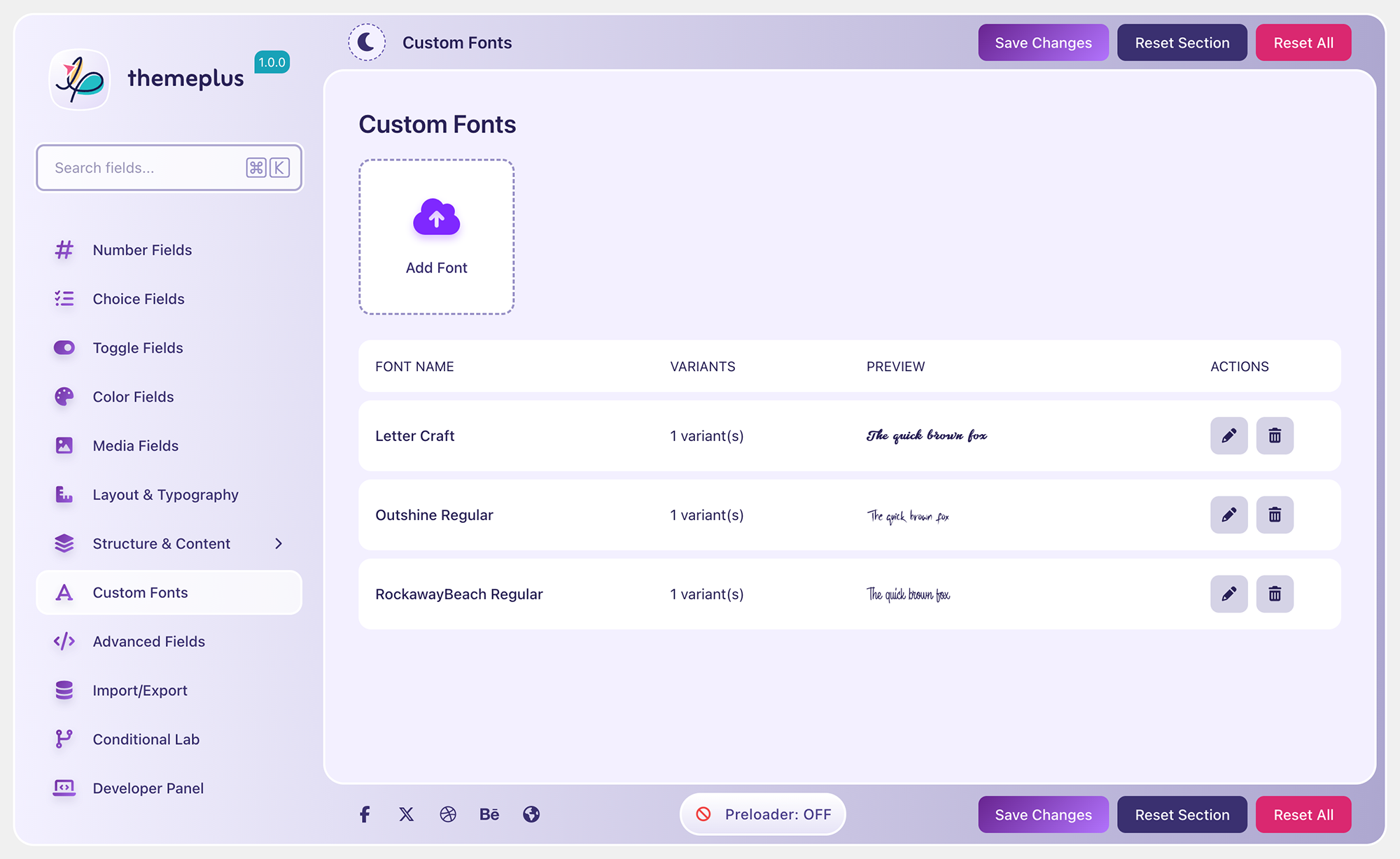 Custom Fonts module — upload and manage self-hosted WOFF2/WOFF fonts