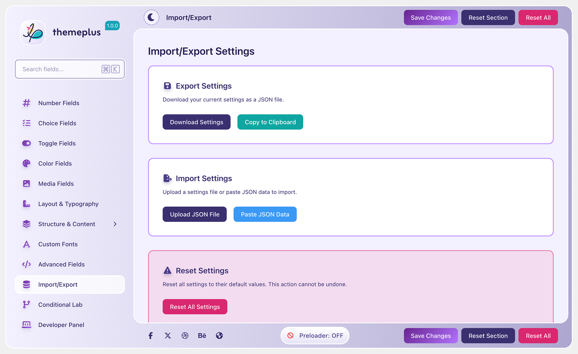Import/Export — one-click backup and restore of all settings