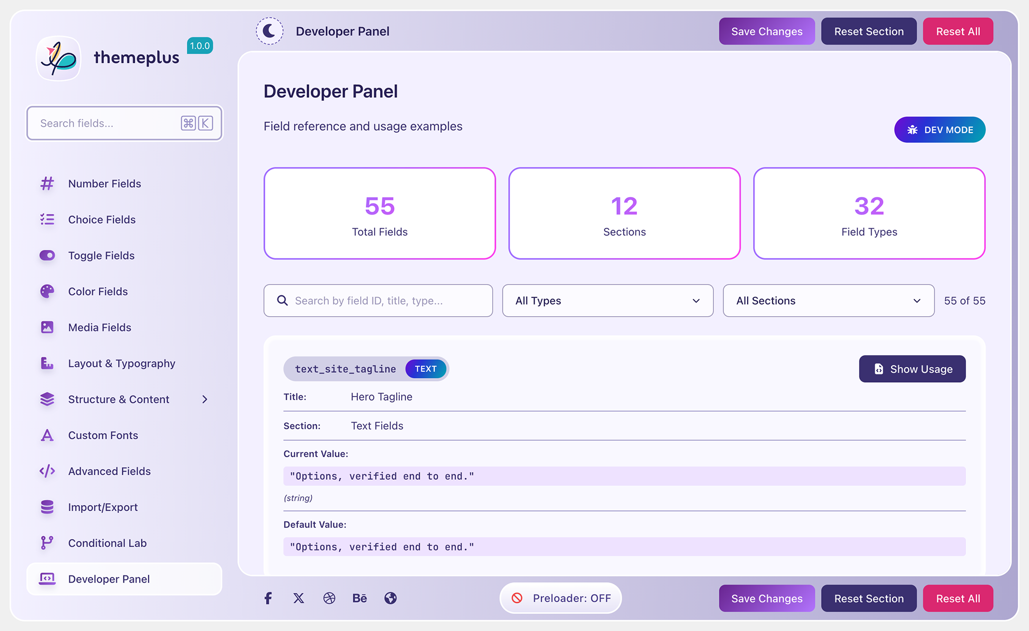 Developer Panel — field metadata, current values, and code snippets