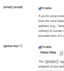 A snapshot of the shortcodes page.