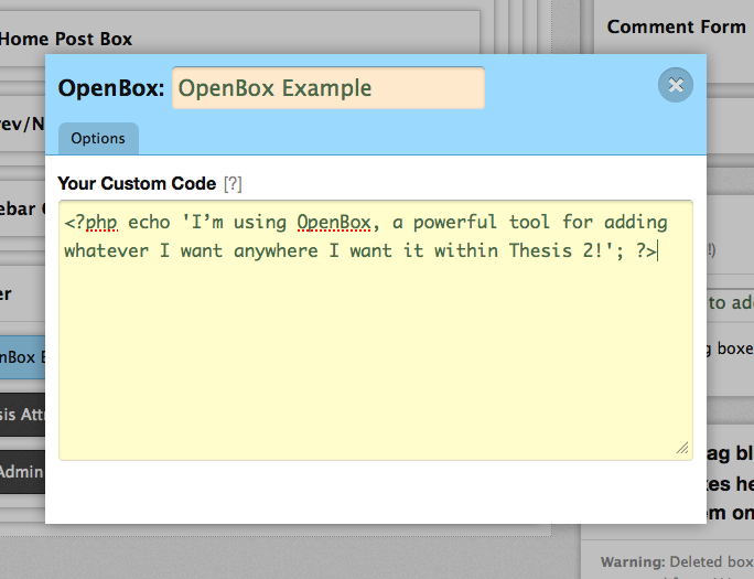 An example of OpenBox in action in Thesis' skin editor.