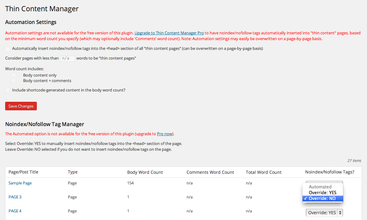 Thin Content Manager automation settings and tag manager