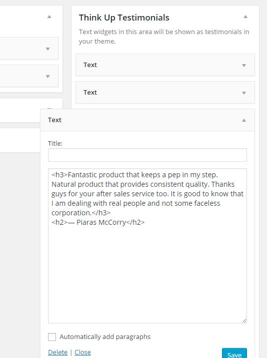 The back end look at the text widgets, markup used and the Testimonials sidebar.