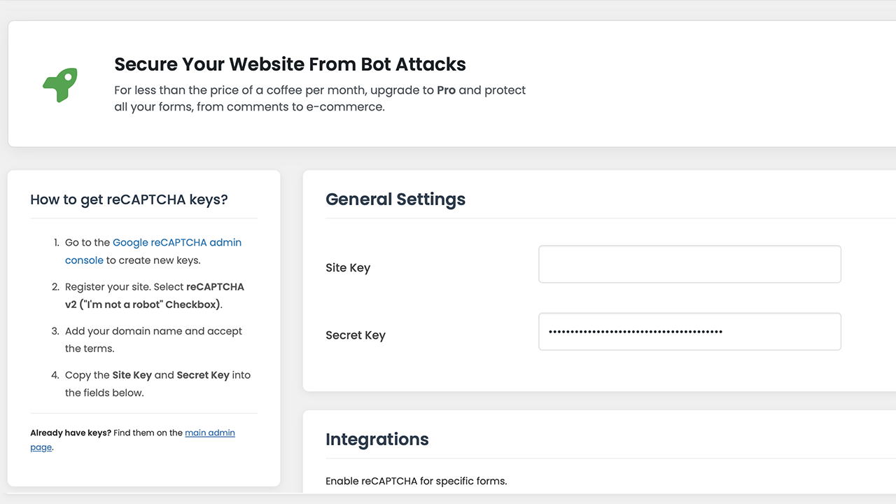 The General Settings section for entering Site and Secret keys.