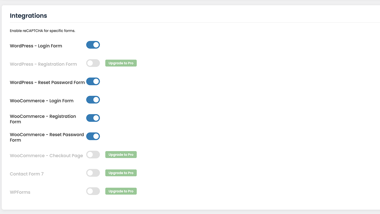 The Integrations section, showing free features enabled and Pro features locked with an "Upgrade" button.