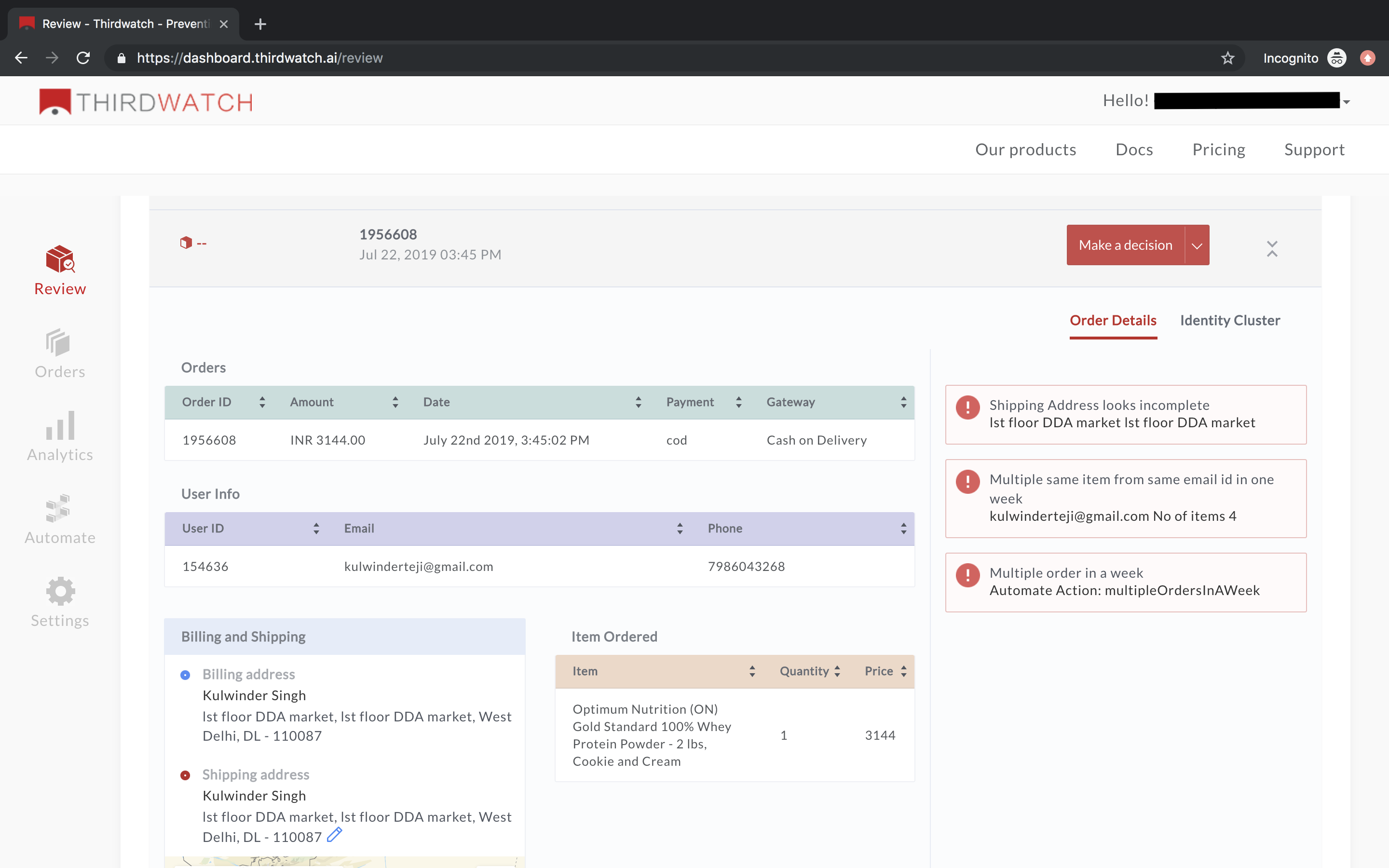 Dashboard - Order View