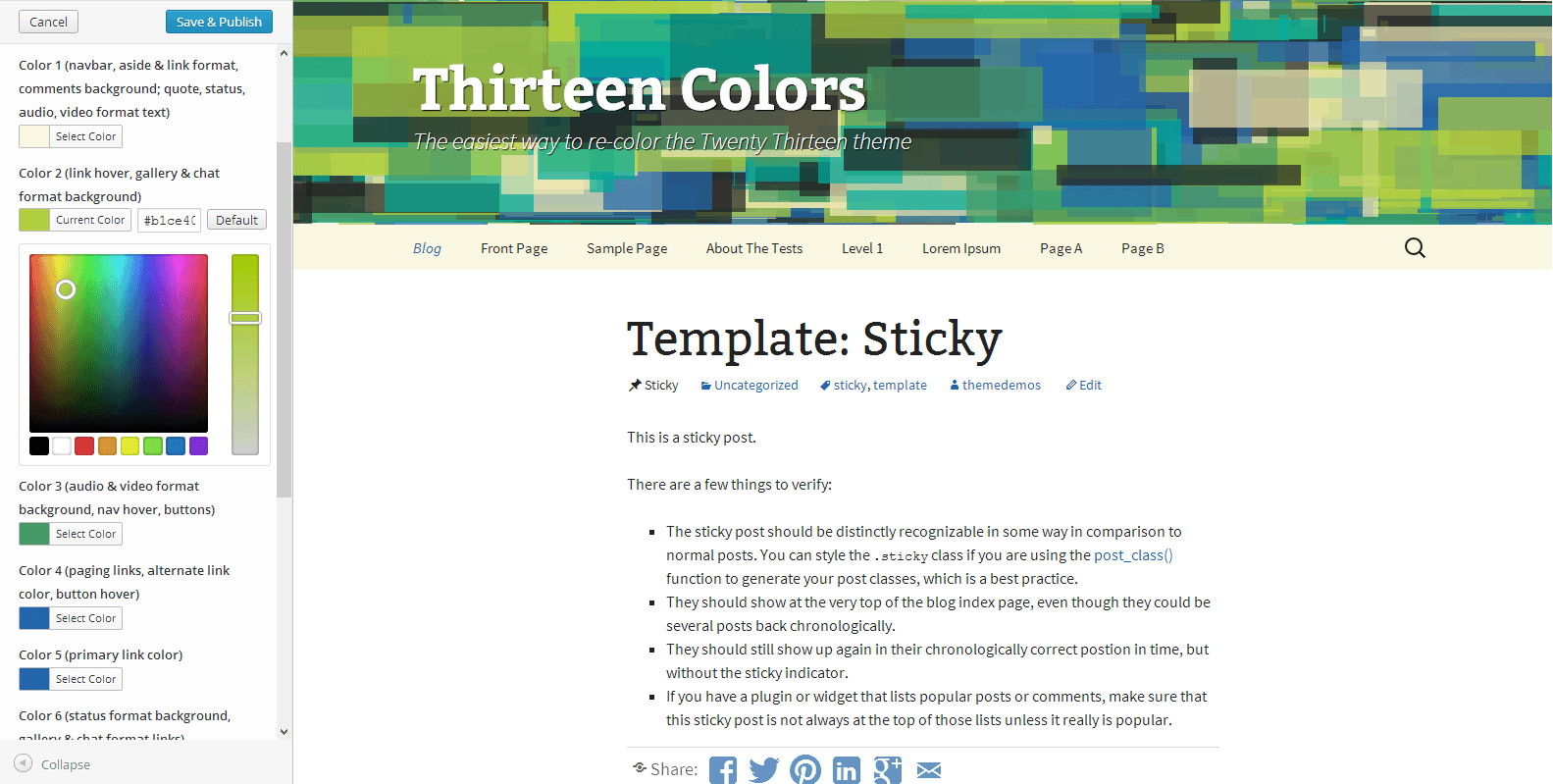 Color customization interface within the theme customizer.