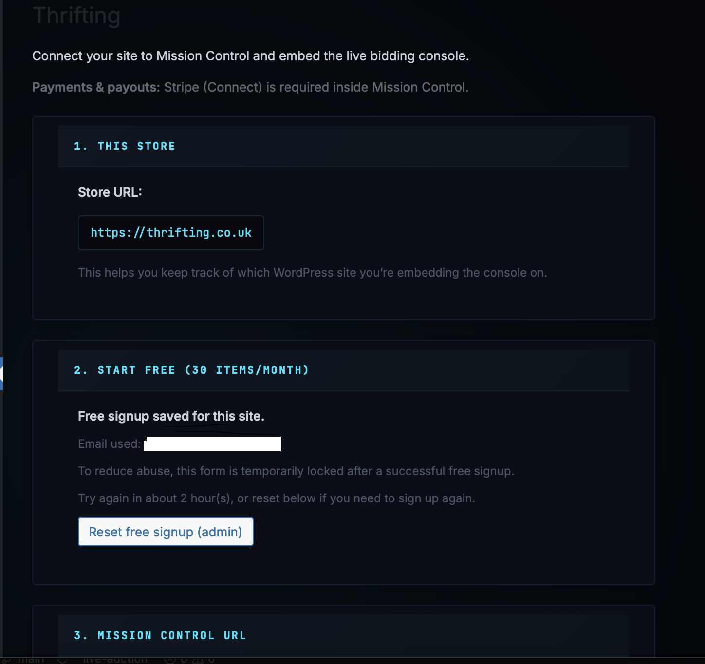Thrifting settings screen in WordPress — connect your site and save your Mission Control + Bid page URLs.