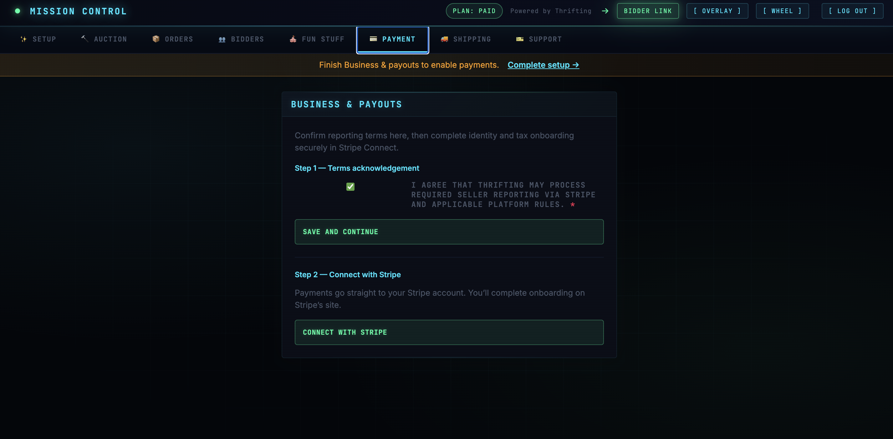 Block editor — add the “Thrifting – Bidding console” block to embed the live bidding console on a page.