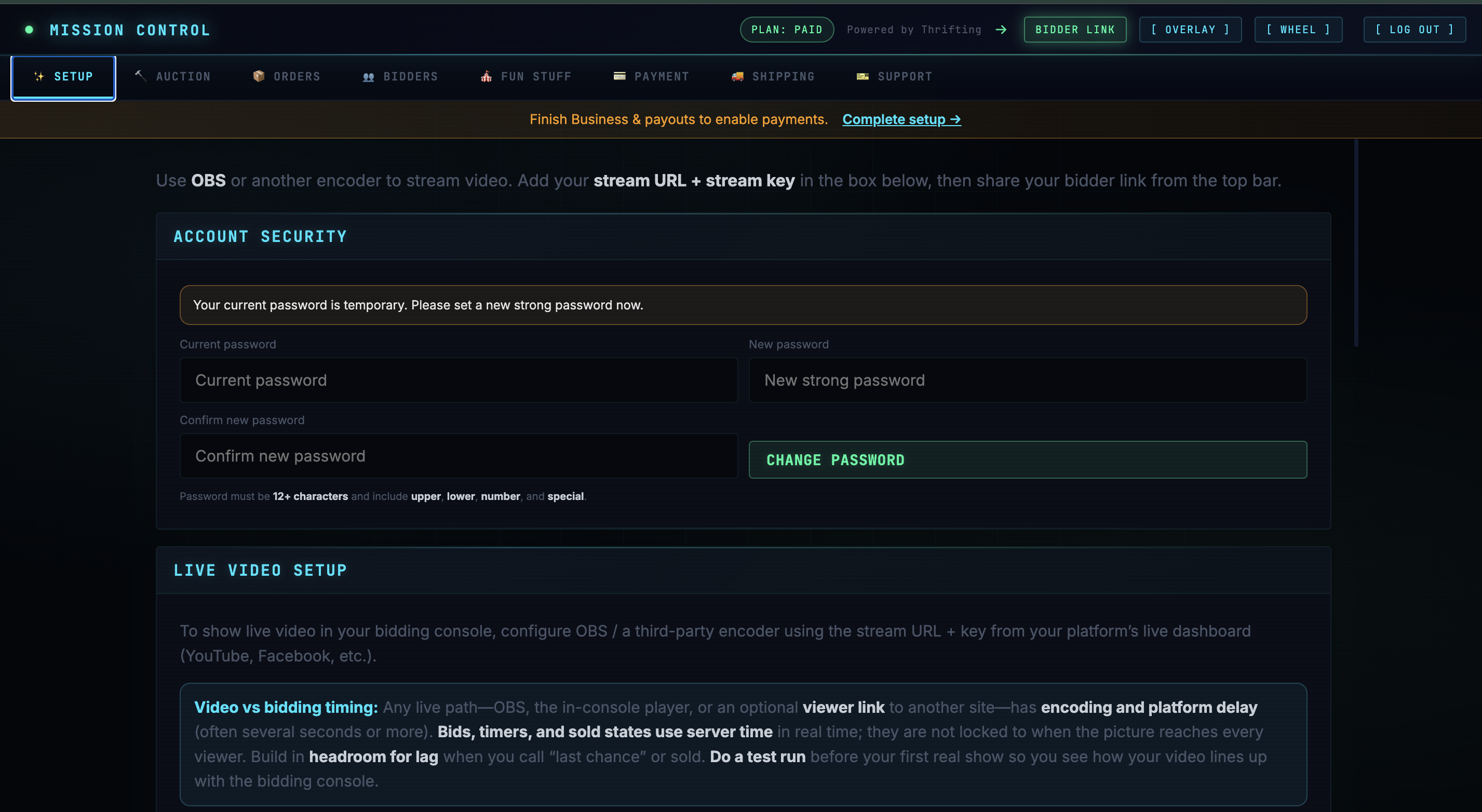 Mission Control — live auction in progress (timer, bids, and controls in real time).