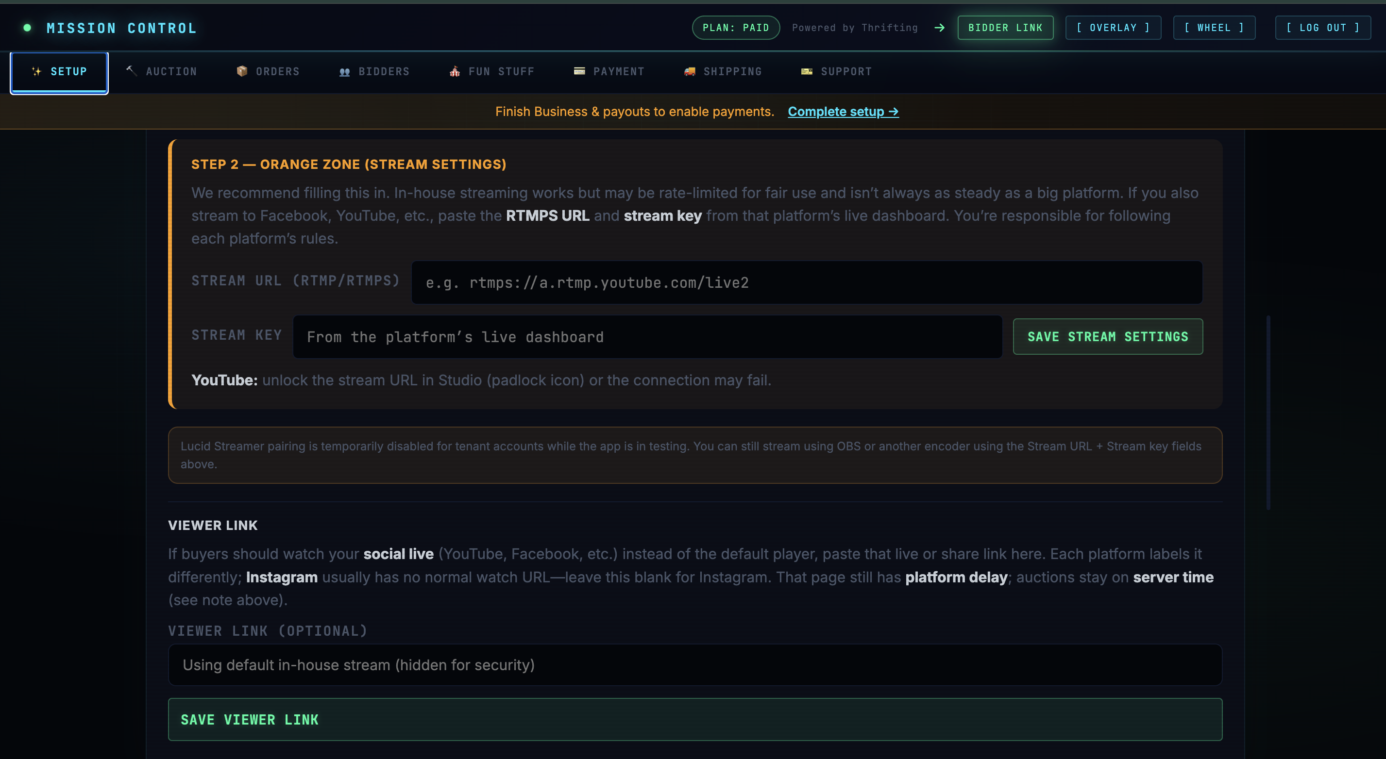 Bidding console — customer view embedded on your WordPress page, with the live stream and an auction in action.