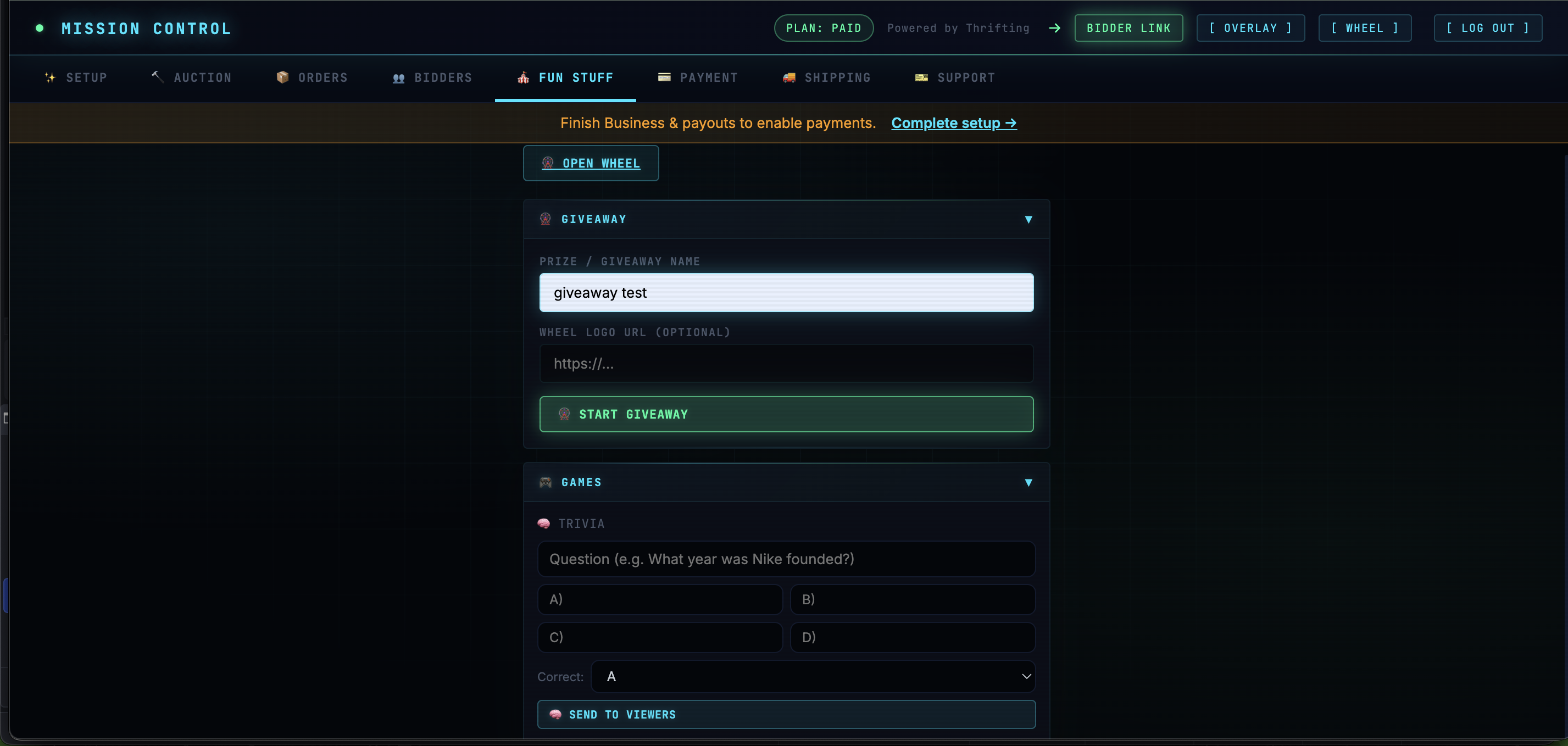 Bidding console — customer view: giveaway winner announcement.