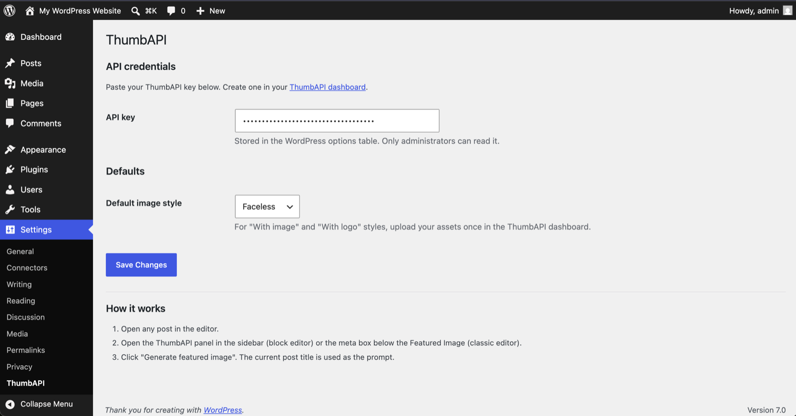 Settings screen for API key and defaults.