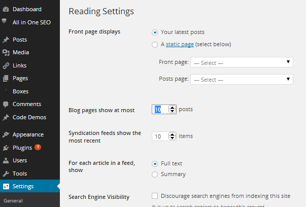 To view or modify "Blog Pages Show at most, go to the reading section of your Wordpress Settings