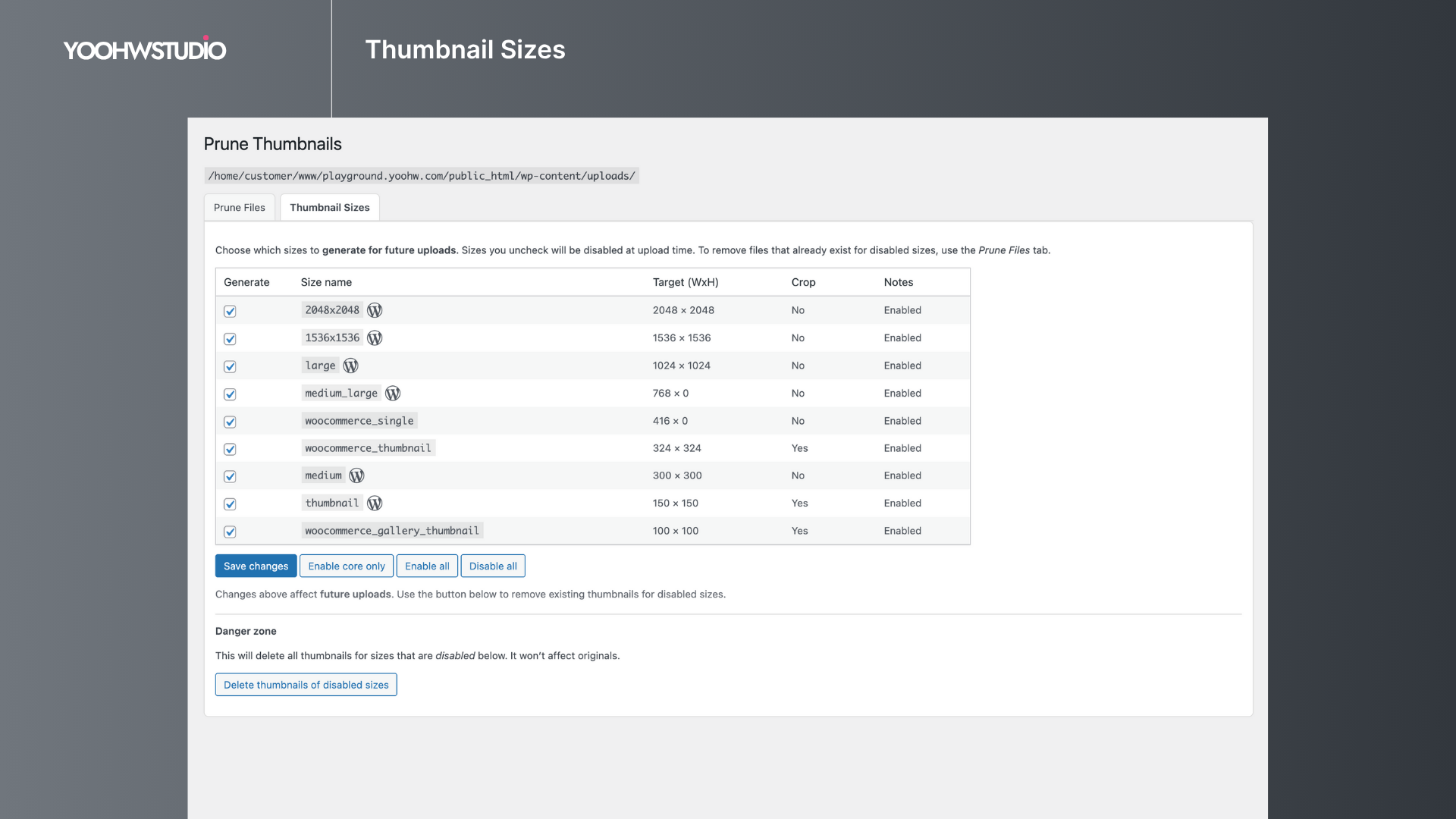 **Thumbnail Sizes** tab to disable sizes for future uploads.