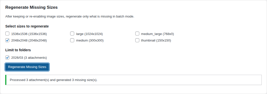 Batch regeneration of missing image sizes