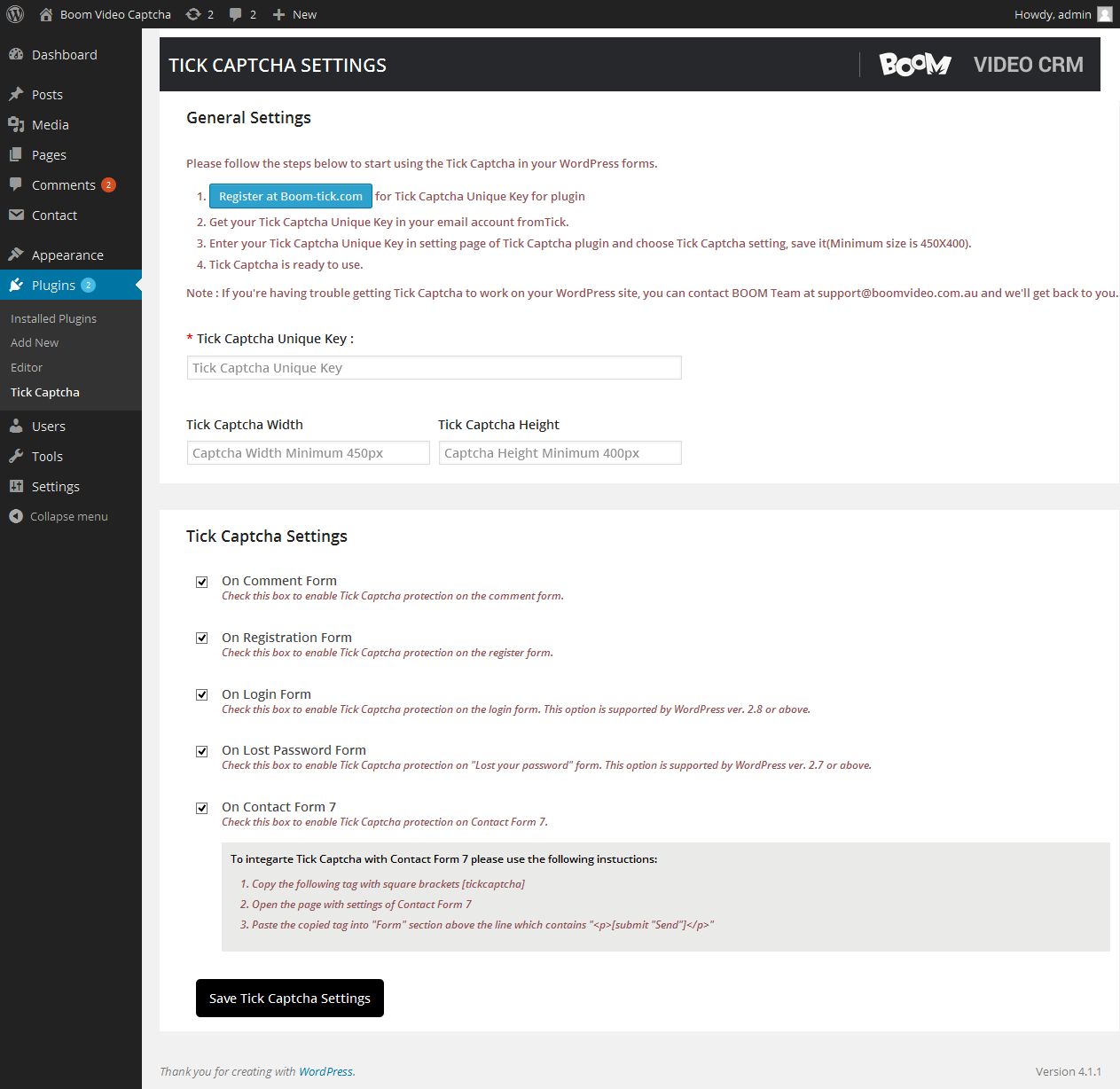 Installation—Admin Plugin Settings Screen