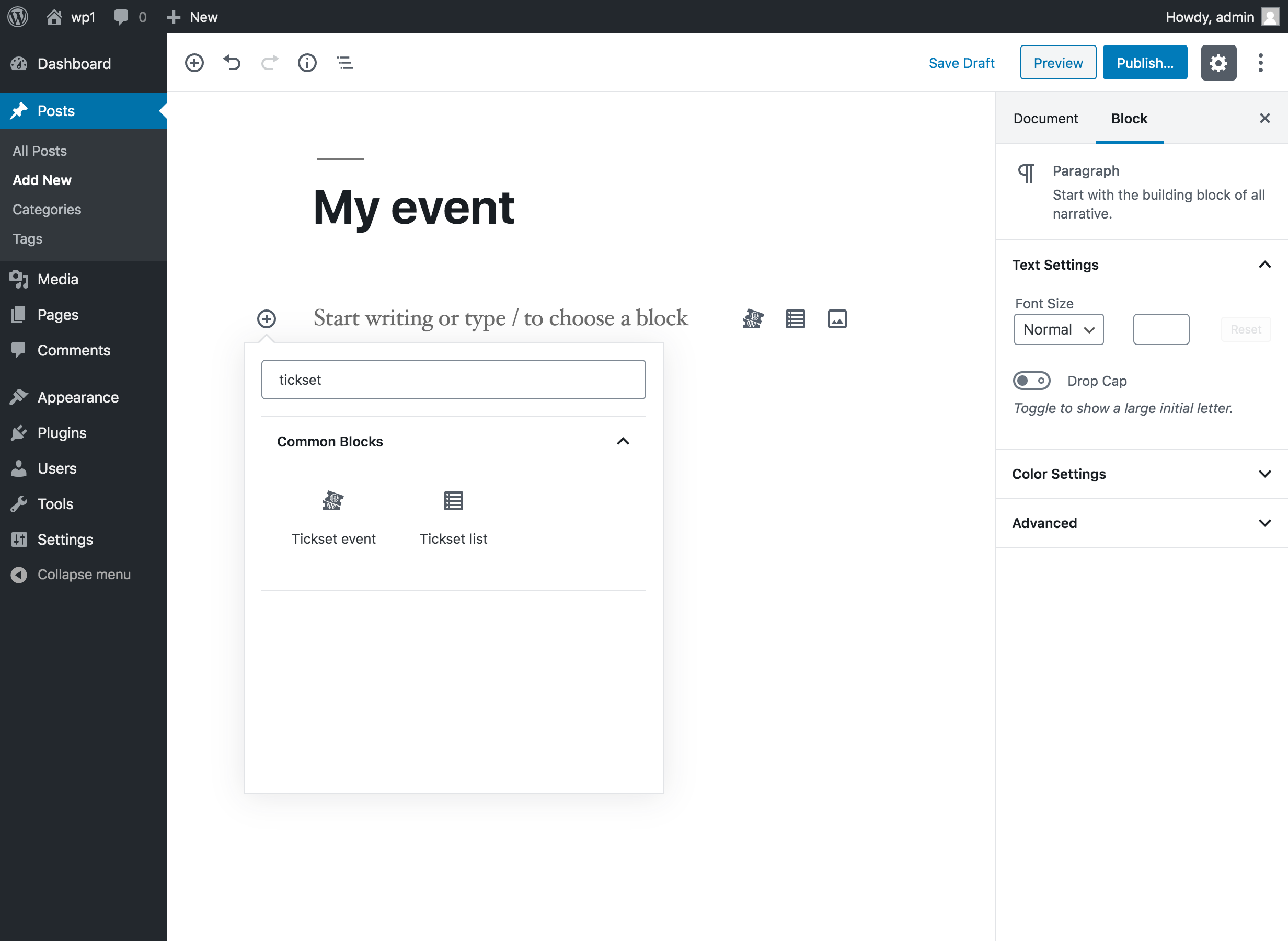 Embedding an event via the Gutenberg editor