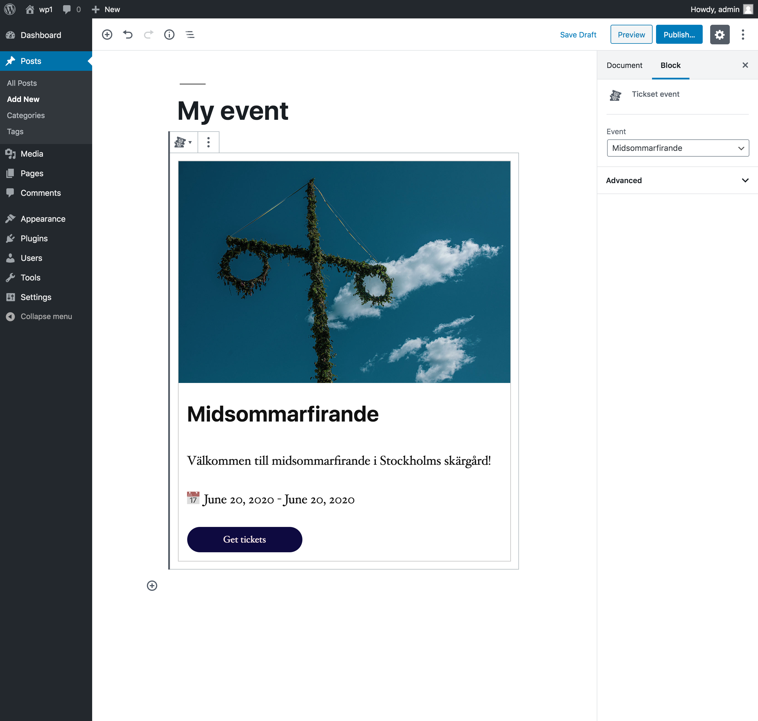 An event in the Gutenberg editor