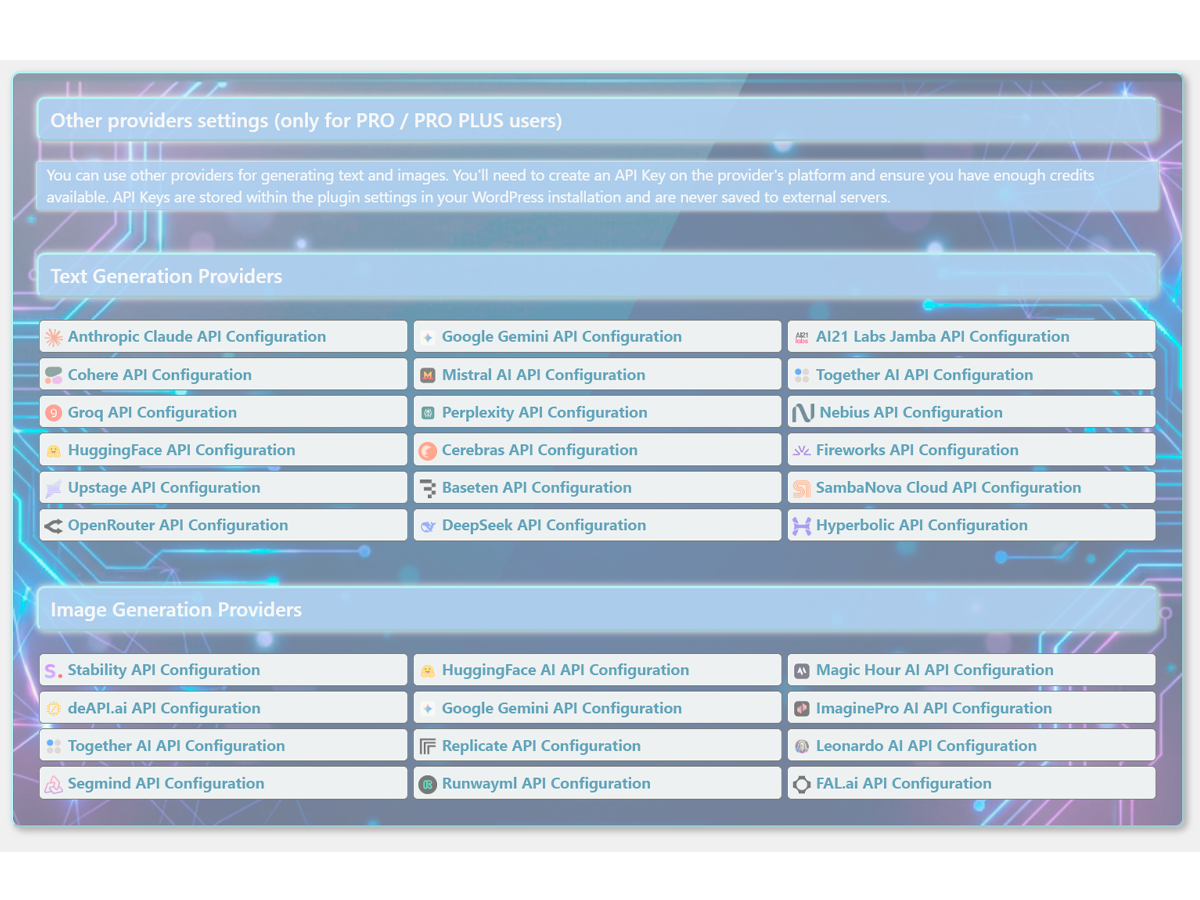 Multi-Provider AI Integration - Manage API keys for 20+ AI providers including OpenAI, Google Gemini, Anthropic Claude, Stability AI, Cohere, Mistral, Together AI, Groq, Perplexity, and more. Seamlessly switch between text and image generation providers.