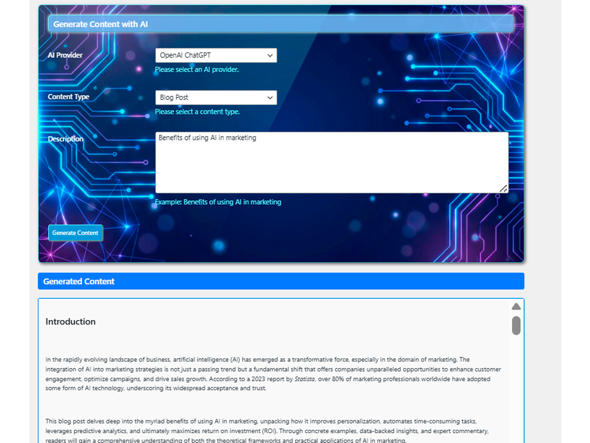 Intelligent Text Generation Interface - Generate professional blog posts, articles, product descriptions, SEO meta tags, and social media content powered by your selected AI provider.