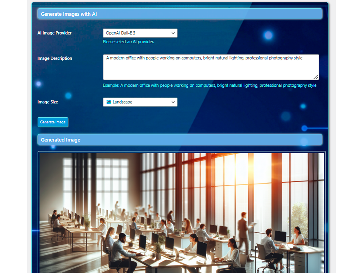 Advanced Image Generation Capabilities - Create high-quality images from text descriptions using multiple AI image providers. Manage all generated images from your WordPress media library.