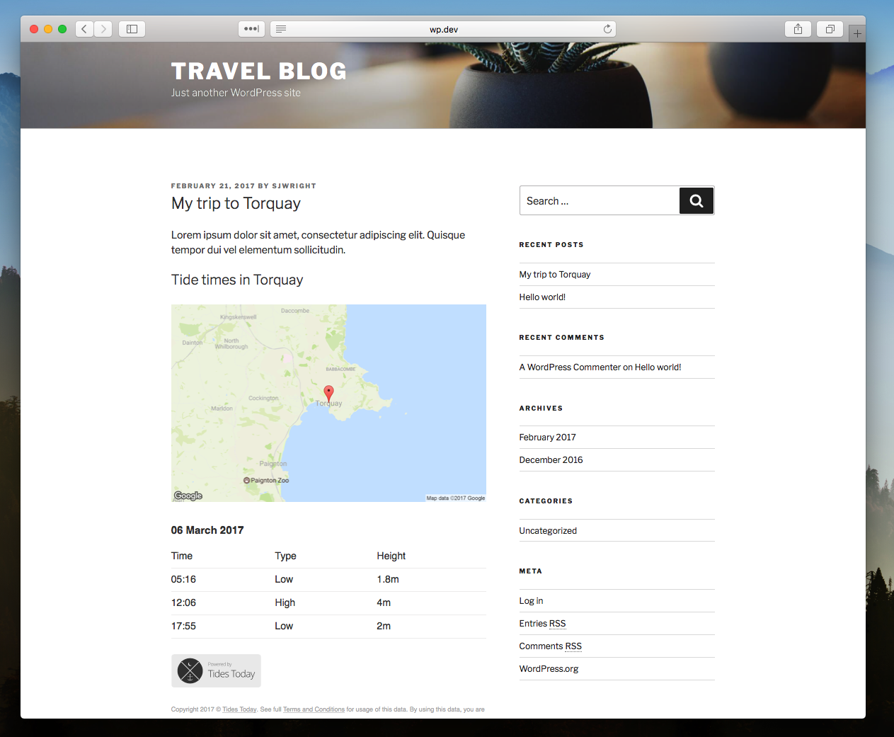 The plugin shortcode being used to display tide times and a map.