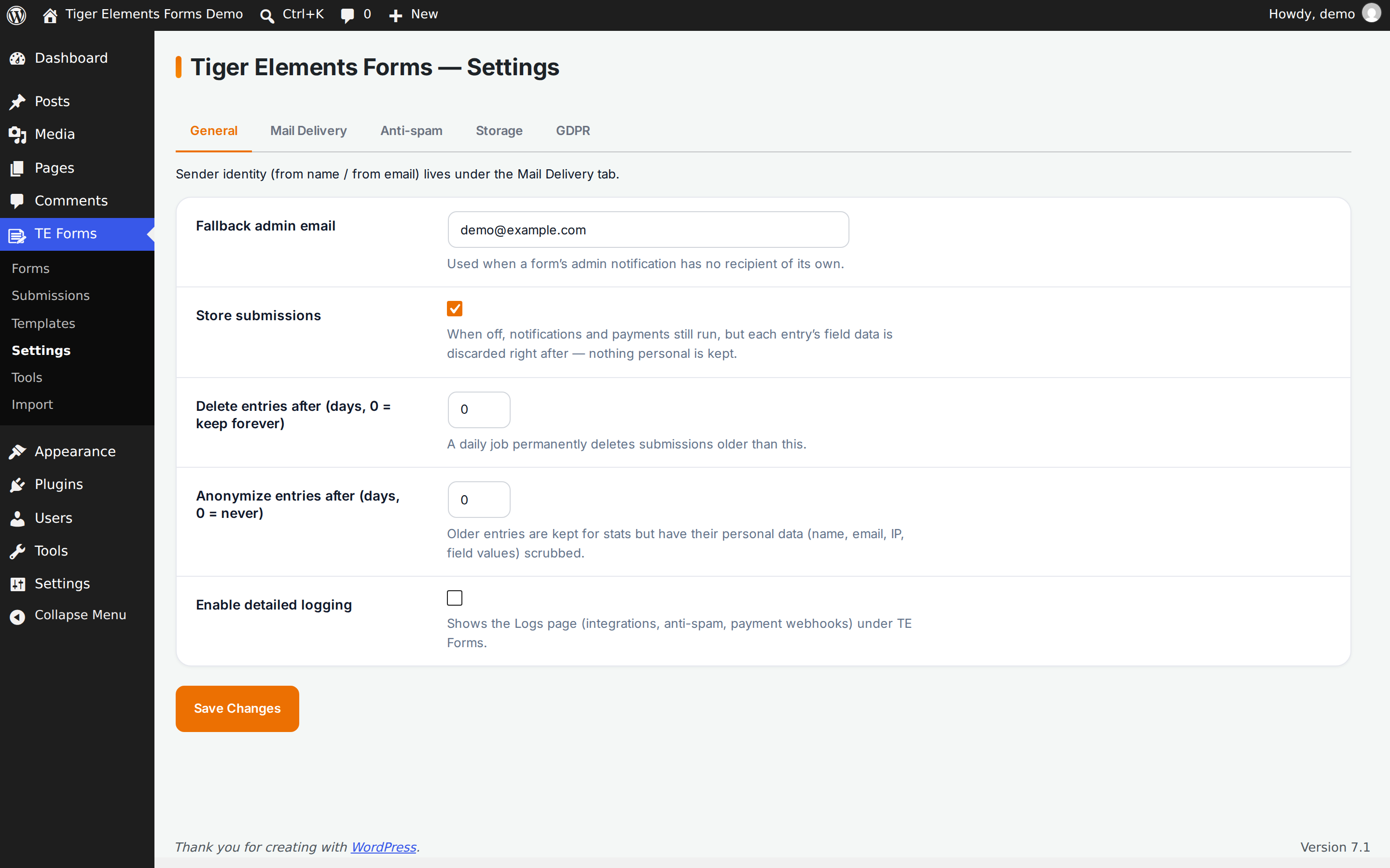 Settings — mail delivery, anti-spam, storage and GDPR tools.