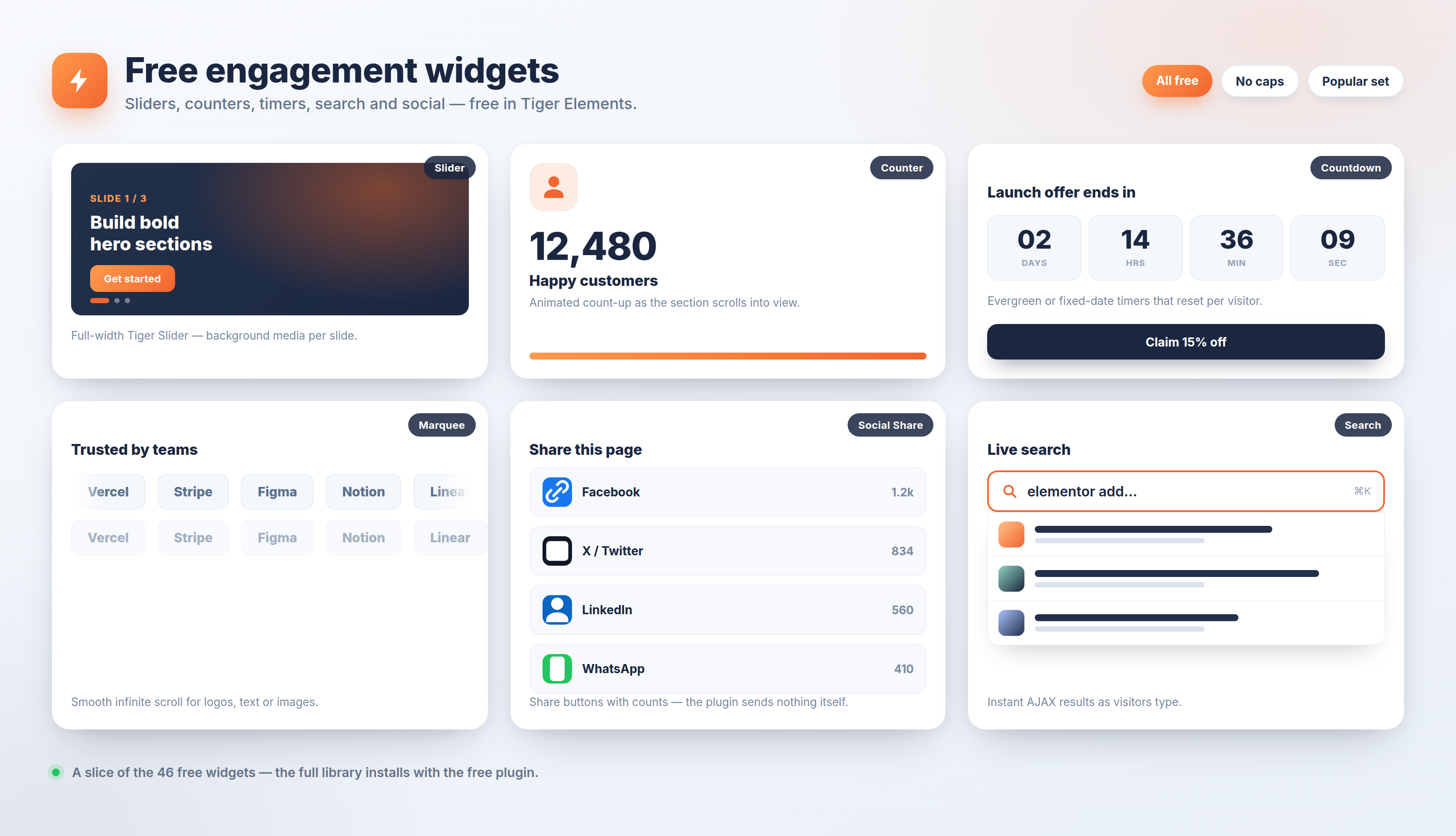 Free engagement widgets — Slider, Counter, Countdown, Marquee, Social Share and live AJAX Search.