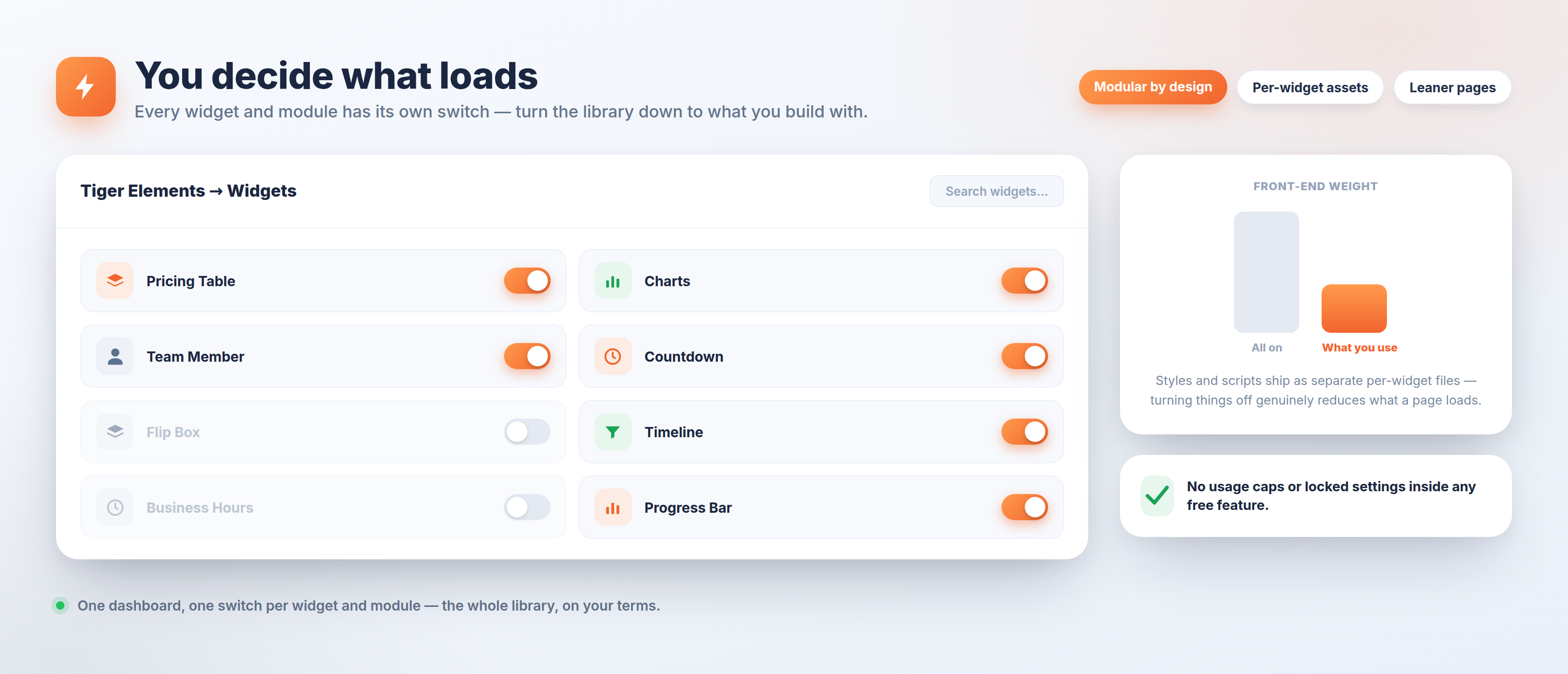 You decide what loads — every widget and module has its own on/off switch, and front-end assets load only for the widgets a page actually uses.