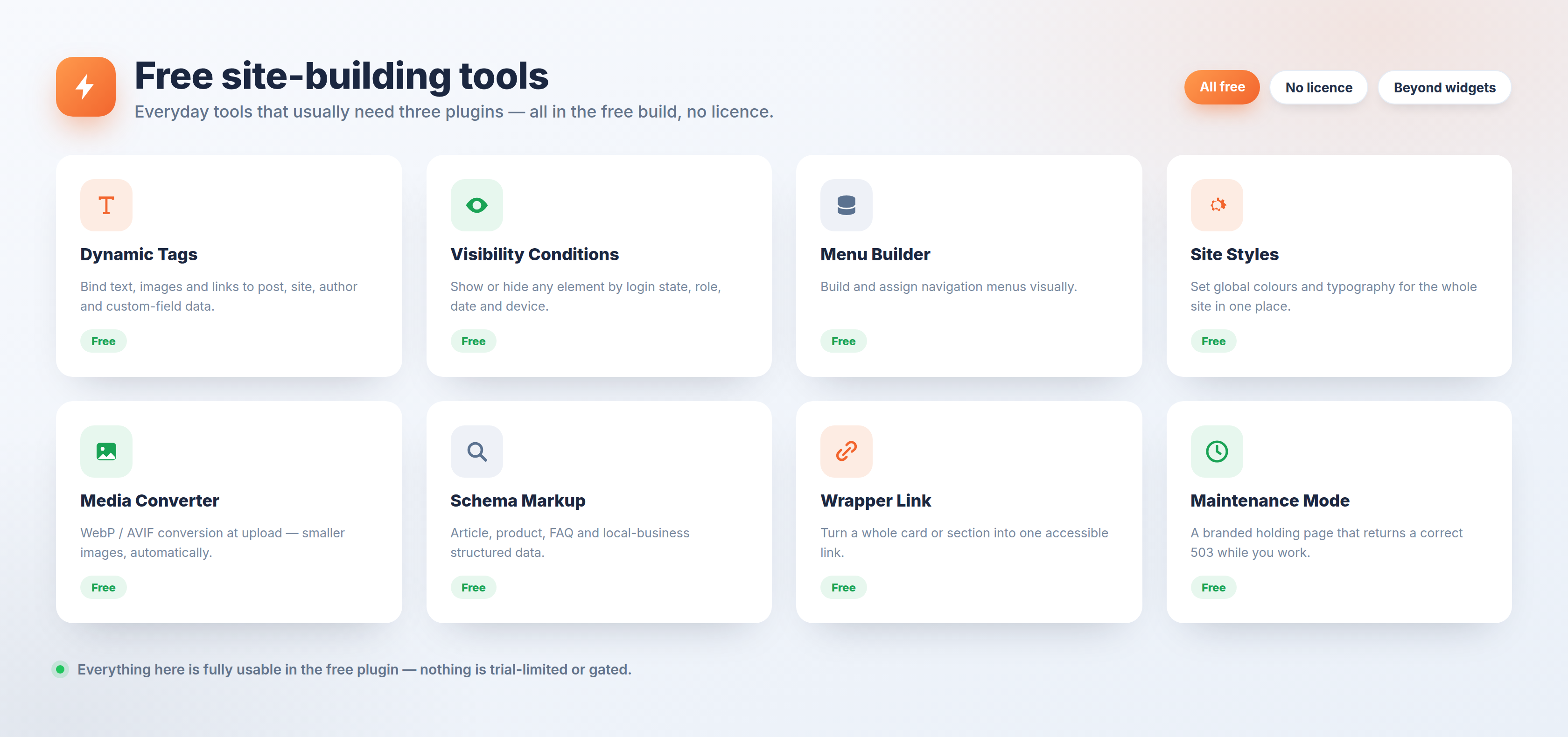 Free site-building tools — dynamic tags, visibility conditions, menu builder, site styles, WebP/AVIF media converter, schema markup, wrapper link and maintenance mode.