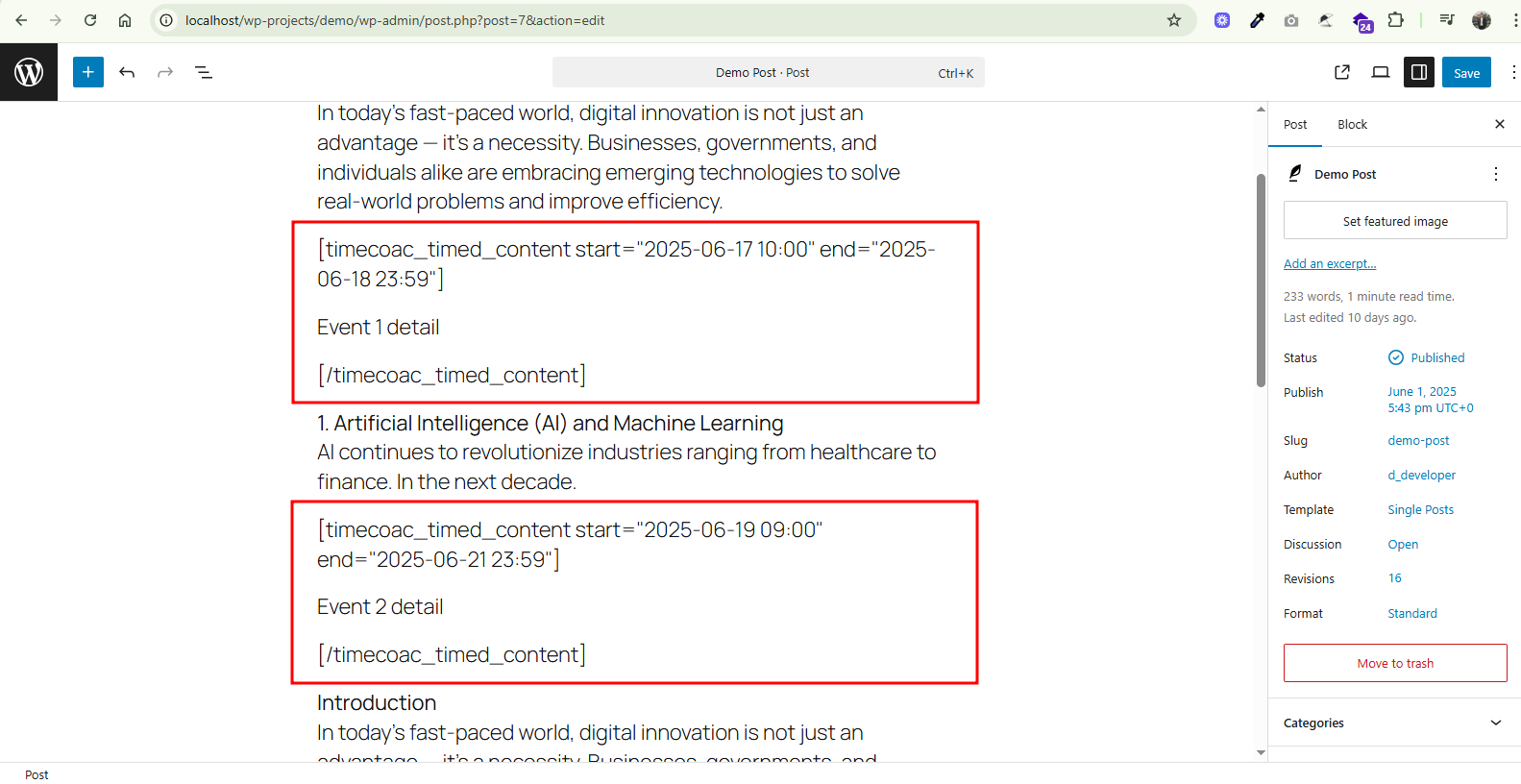 Screenshot 2: Shows multiple instances of the shortcode used on a single post/page for events, offers, or announcements.