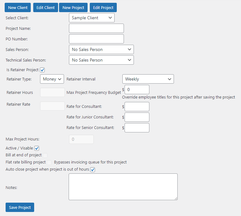 Invoicing time sheet recording screen