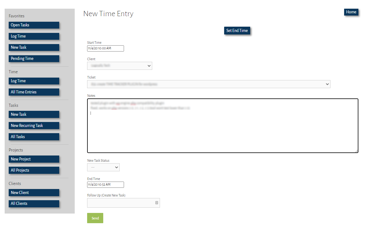 Entering time for a given client and task, with ample room for work notes.